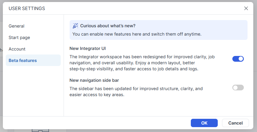 Click to enlarge Screenshot showing the new dialog for enabling beta features in Jedox Web user settings